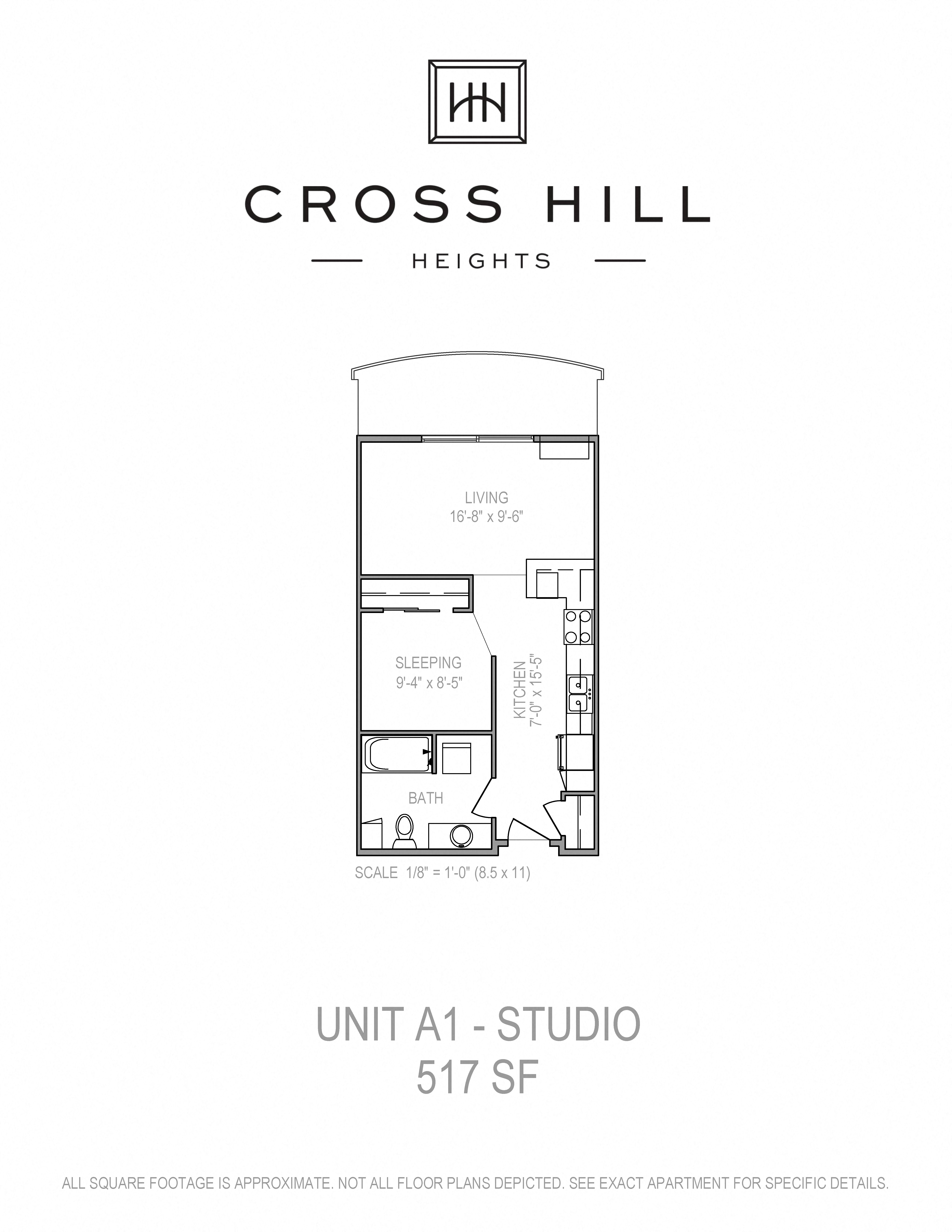 Floor plan for studio, 1 bath, 517 sqft